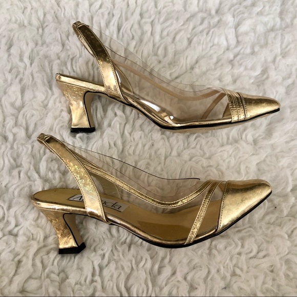 Vintage Amanda gold & clear sling back heels, 8M - Picture 5 of 9